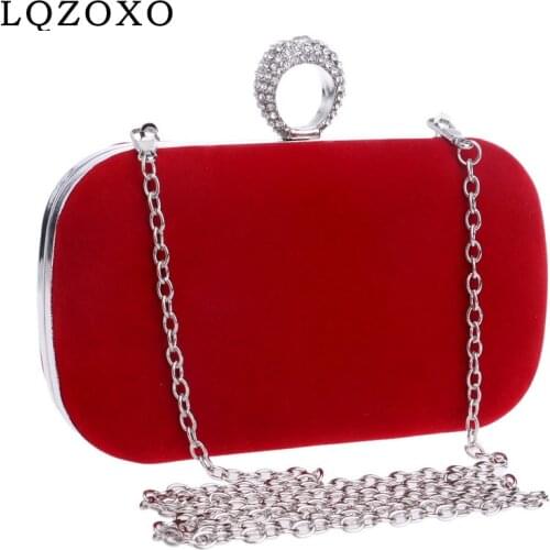 Velvet Women Evening Bags Finger Ring Crystal Clutches Chain Shoulder MINI Party Wedding Bridal Handbags
