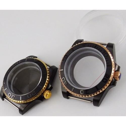 40mm BLACK PVD Plated Watch Case for NH35 NH35A No Magnifier Brushed Insert Seeing Backcover Unidirectional Bezel