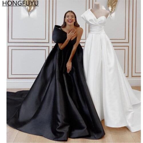 HONGFUYU Black/White Satin Prom Evening Dresses Long robe de soirée de mariage One Shoulder Formal Party Gowns Vestidos De Gala