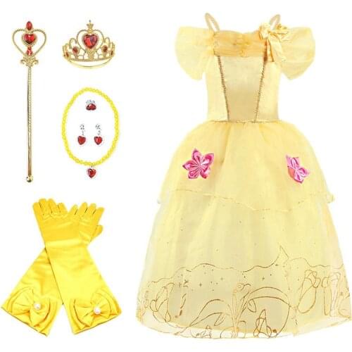 Girls Beauty and The Beast Costume Kids Belle Dress Summer Slip Dress Halloween Princess Party Gown Children Carnival Clothes