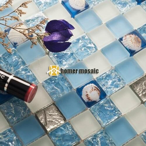 Blue crystal glass mixed sea shell mosaic tiles EHGM1050 for kitchen backsplash bathroom shower dining room wall mosaic tiles