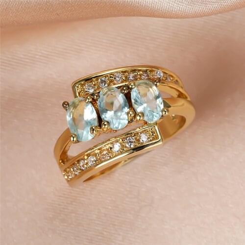 Aquamarine Blue Zircon Oval Stone Ring Vintage Fashion Yellow Gold Rings For Women Wedding Jewelry Lady Engagement Promise Ring
