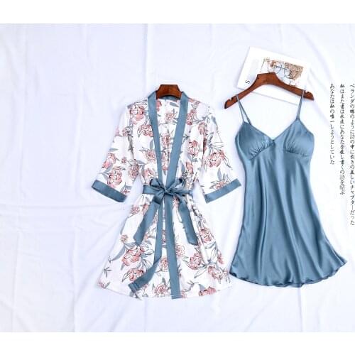 Printed Dress 2-Piece Set Womens Bath Robe Sets Silk Sleepwear Sexy Negligee Home Clothes for Women Sleep Lounge Underwear