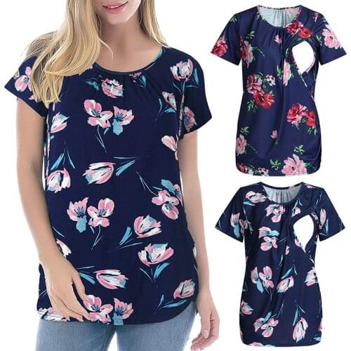 Summer New Maternal T-shirt Flower Color Round Neck Short Sleeve Breastfeeding Month Feeding Pregnant Women Suit Clothes Casual