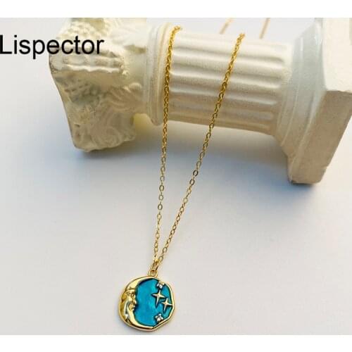 Lispector Cute Blue Enamel Metal Star Moon Face Pendant Necklace for Women 925 Sterling Silver Zircon Necklaces Female Jewelry