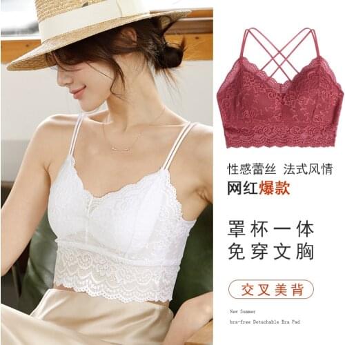 Beautiful back camisole women with chest pads one net celebrity hot style lace outer wear inner base bra tube top underwear