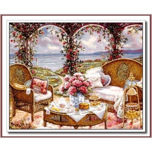 Top Quality 14CT Counted Unprinted Cross Stitch Kits Needlework For Embroidery Decor Arts Seaside Garden Chair Beautiful Scenery