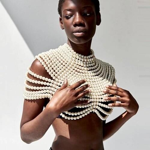 HAHA&TOTO New Luxury Handmade Pearls Body Chains Beaded Statement Choker Necklace Bra Chains Jewelry Sexy Boho Party Showing