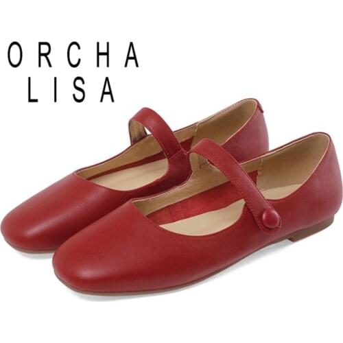 ORCHA LISA 2021 Genuine Leather Comfort Plus Ladies Flats Mary Janes Buckle Strap Round Toe Square Heel 1cm US9 Beige A4283