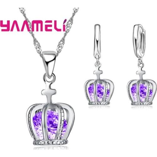 New Arrival Clear CZ Crown Pendant Necklace Earrings for Women Female 925 Sterling Silver Wedding Jewelry Sets Wholesale