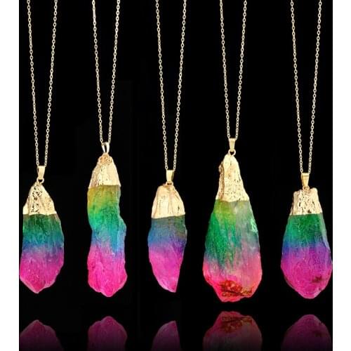 Natural Stone Crystal Teeth Necklace Tri-color Irregular Pendant Sweater Chain Necklace Womens Jewelry For Friends Lovers