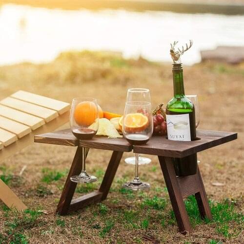 Portable Wooden Table Outdoor Picnic Camping Barbecue Folding Table With Glass Wine Rack Travel Foldable Fruit Table