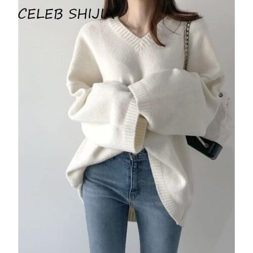 SHIJIA Casual V-neck White Sweater Female Autumn Long-sleeve Loose Knitting Pullover Woman solid knitted jumper femme winter