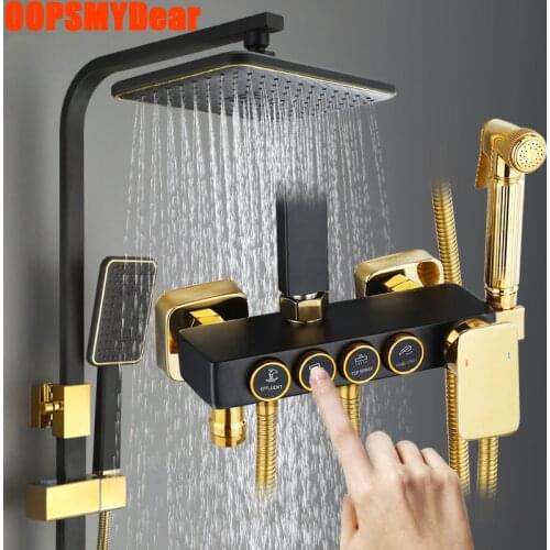 Thermostatic Shower System Bathroom LED Smart Digital Shower Set Wall Mount Square Head Bath Faucets Hot Cold Mixer Black Taps