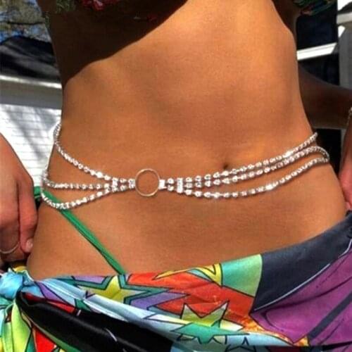 90s Aesthetic Geometric Pendant Crystal Waist Chain For Women Metal Cool Fashion Vintage Y2K Body Accessories Charms 2021 New