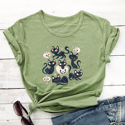 Halloween Pumpkin Cats 100%Cotton Women Tshirt Unisex Funny Summer Casual Short Sleeve Top Halloween Party Shirt Pet Lover Gift