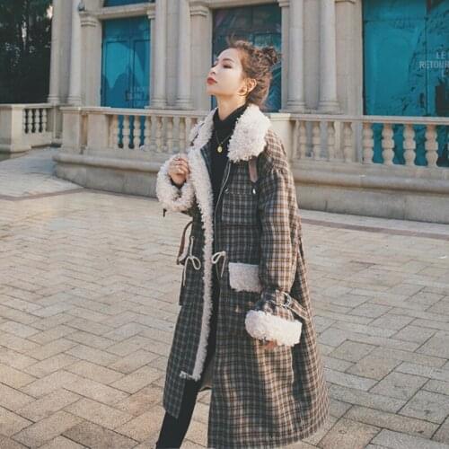 JuneLove Parkas Women Thick Fleece Splice Lambswool Fur Coat Female Korean Loose Long Plaid Woolen Jacket Elegant Warm Outwears