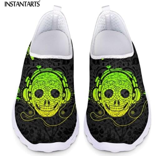 INSTANTARTS Cool Gradient Music Skull Print Womens Casual Loafers Classic Slip On Flat Shoes for Female Breathable Mesh Sneaker