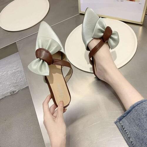 Baotou Half Slippers Female 2021 Autumn and Summer New Korean Style Pointed Flat Sandals, Outer Bow Lazy Mules Women Sandals
