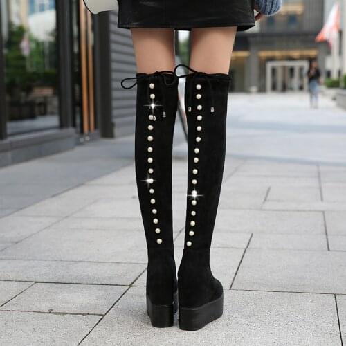 Womens Boots Autumn Winter 2021 Pearl Increased Internal High Heels Platform Shoes Women Stretch Fabric Over The Knee Boots