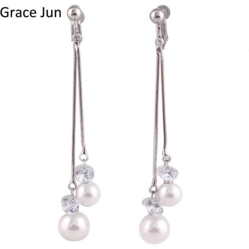 New Fashion Double Tassel CZ Simulated Pearl Clip on Earrings Without Piercing for Women Elegant Jewelry Accessories Gift