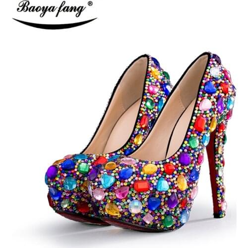 Big Multicolor Crystal Wedding shoes Bride platform shoes women fashion Party dress shoes woman high heels shoes