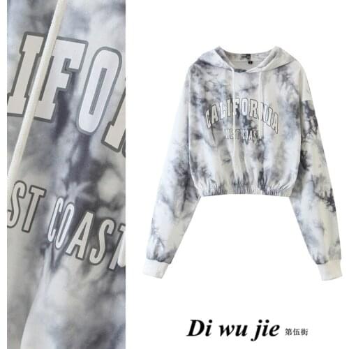 2021 Autumn Fashion design womens ink tie-dying letter print hooded long sleeve short crop top sweatshirt hoodies XSSML