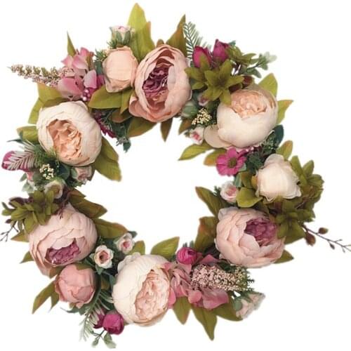 16 Inch Artificial Silk Champagne Peony Floral Bud Base Door Wreath Wedding Decor