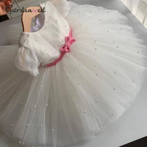 White Kids Communion Dresses Lace Short Sleeve Girl Pageant Dresses Pleated Tulle Flower Girl Dresses Little Bride Baptism Dress