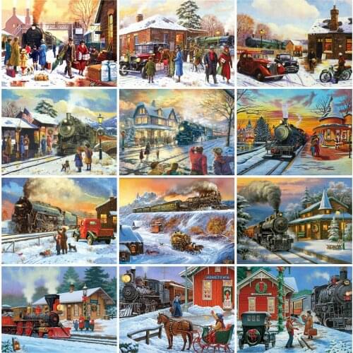 EverShine 5D Diamond Embroidery Landscape Full Drill Diamond Painting Train Cross Stitch Kits Hobby House Rhinestone Pictures
