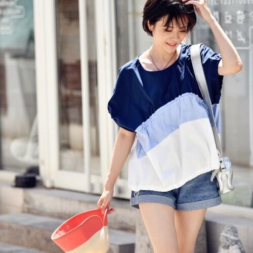MICOCO C5658C Literary and artistic pure and fresh spell color three-dimensional loose cotton round collar short sleeve shirt