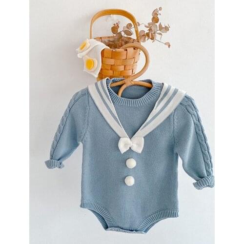Baby Bodysuit Long Sleeve Knitted Solid Blue Colour Sailor Collar Cute Newborn Boys Girls Jumpsuits Autumn Infant Clothes