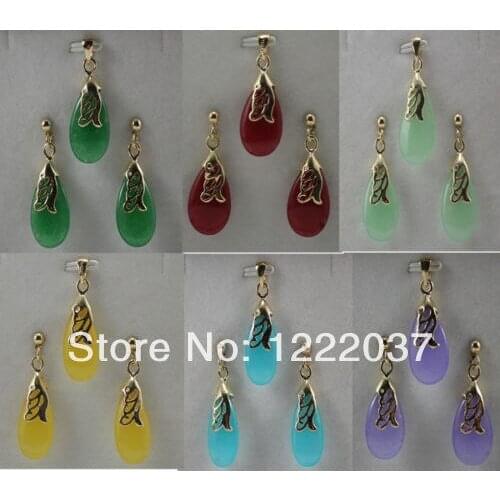 Wholesale Natural stone 6Colors GP Pendant Necklace Earring Set + free chain Light green red blue, and purple green
