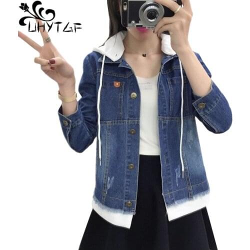 UHYTGF Student denim jacket women single-breasted fake two thin short tops coat Fashion Hooded Spring Autumn Jeans Jacket 3XL235
