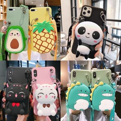 Cute 3D Cartoon Cat Wallet Coin Bags Silicon Phone Case for OnePlus 8 8Pro 8T 7 Pro 7T 6 6T Cover With Lanyard Funda