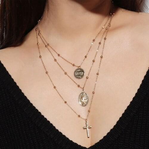 Multilayer Religious Goddess Coin Cross Pendant Necklaces for Women European Vintage Long Necklace Jewelry Maxi Kolye YN541