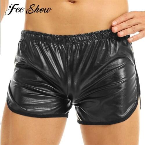Mens Shiny Faux Leather Hot Boxer Short Pants with a Back Pocket Fashion Black Elastic Waistband Wetlook Stretchy Shorts