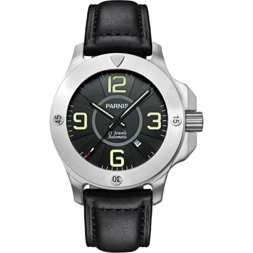 Parnis Commander Seriers Luminous Mens Sapphire Glass Leather Watchband Military Sport Automatic Mechanical Watch Wristwatch