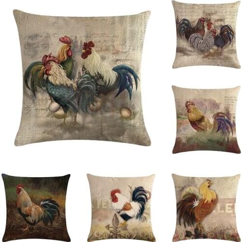 Vintage cock grassland cushion cover cotton linen farm style pillowcase home decor chair square 45x45cm throw pillow cover