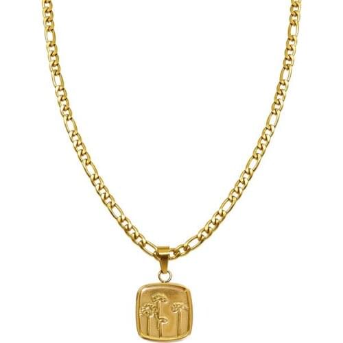 2021 New Vintage Stainless Steel Figaro Chain Embossment Stereoscopic Flowers Square Plate Charm Necklaces For Women Mom