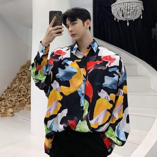 2020 Spring New Personality Color Printing Shirts Mens Loose Long-sleeved Shirt Hair Stylist Dj Young Men And Women Shirt