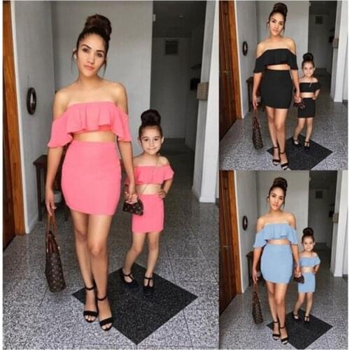 Family Matching Outfits Summer Solid Color Sleeveless Ruffled Parent Child Mother Daughter Suit Skirt Womens Mommy Girls Clothes