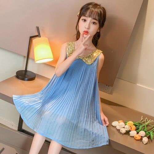 Kids Dresses For Girls Child Clothes Pleated Princess Sundress With Sequin Teens Sleeveless Pink Blue Color Party Costume 4-13Y