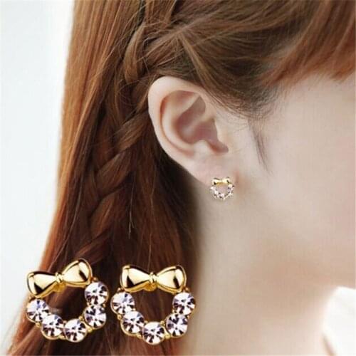 Clip On Earrings Korean Cute Full Rhinestones Bow Non Piercing Silver Ear Rings Small Stud Earing Accesories For Girls Ladies