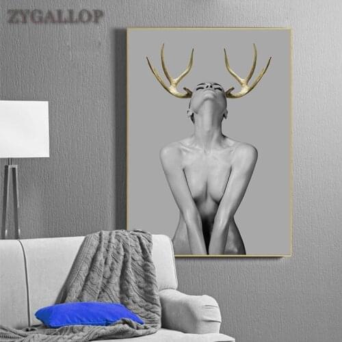 Nordic Antlers Girls Canvas Painting Nude Art Picture Prints Poster Golden Deer Woman Wall Pictures for Living Room Modern Decor