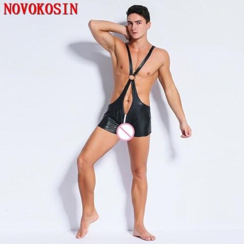 XX130 M-2XL Front Zipper Crotch Sexy Black Faux Leather Babydoll Straps PU Bulge Cock Pouch 2018 Three Point Men Hot Body Suit