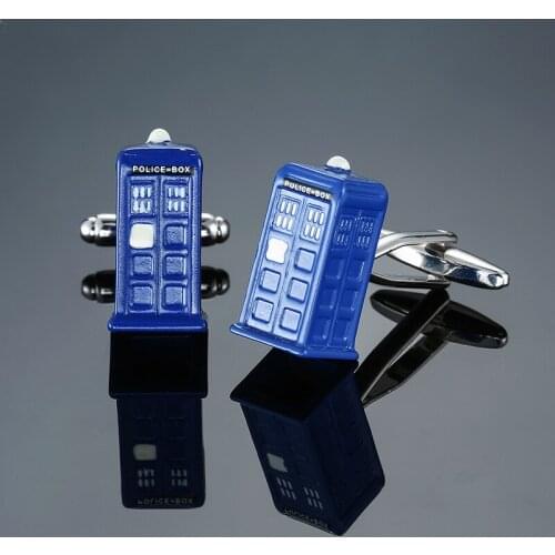 Blue Color Police Box Design Cuff Links Cufflinks for Mens Shirt Brand Novelty Fashion Cuff bottons Stainless Steel Jewelry