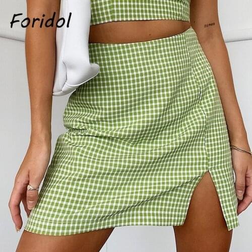Foridol Plaid Slit Mini Skirt Women High Waist A-line Cute Summer Short Skirt 2021 Summer Casual Green Checker Skirt Bottoms