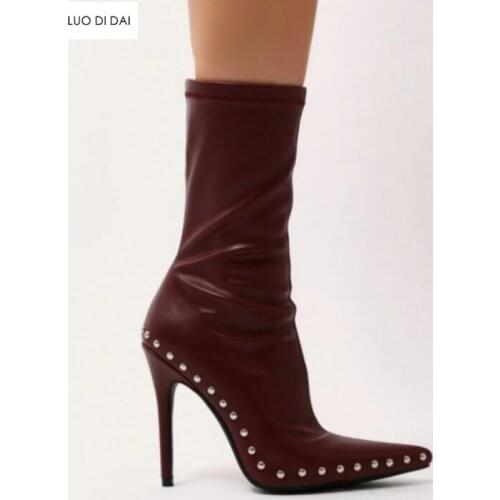 2019 spring women ankle boots zip on spike stud boots women high heel booties thin heel beading stud boots lady shoes point toe