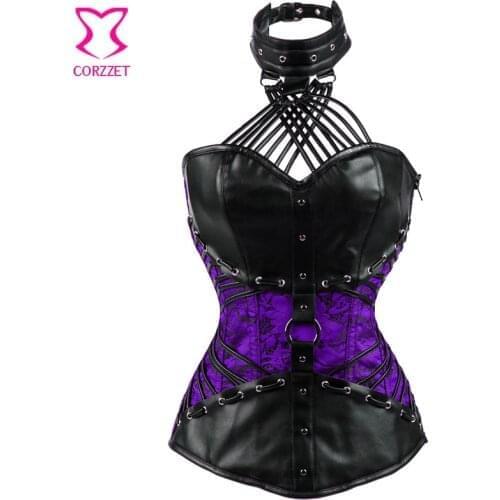 Purple Brocade&Black Leather 6XL Plus Size Women Corset Overbust Steampunk Corselet Bustier Sexy Gothic Clothing Waist Trainer